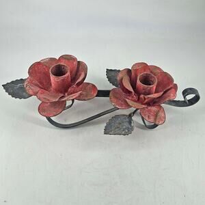 Vintage Tole Toleware Metal Floral Candle Holder rose roses Leaves